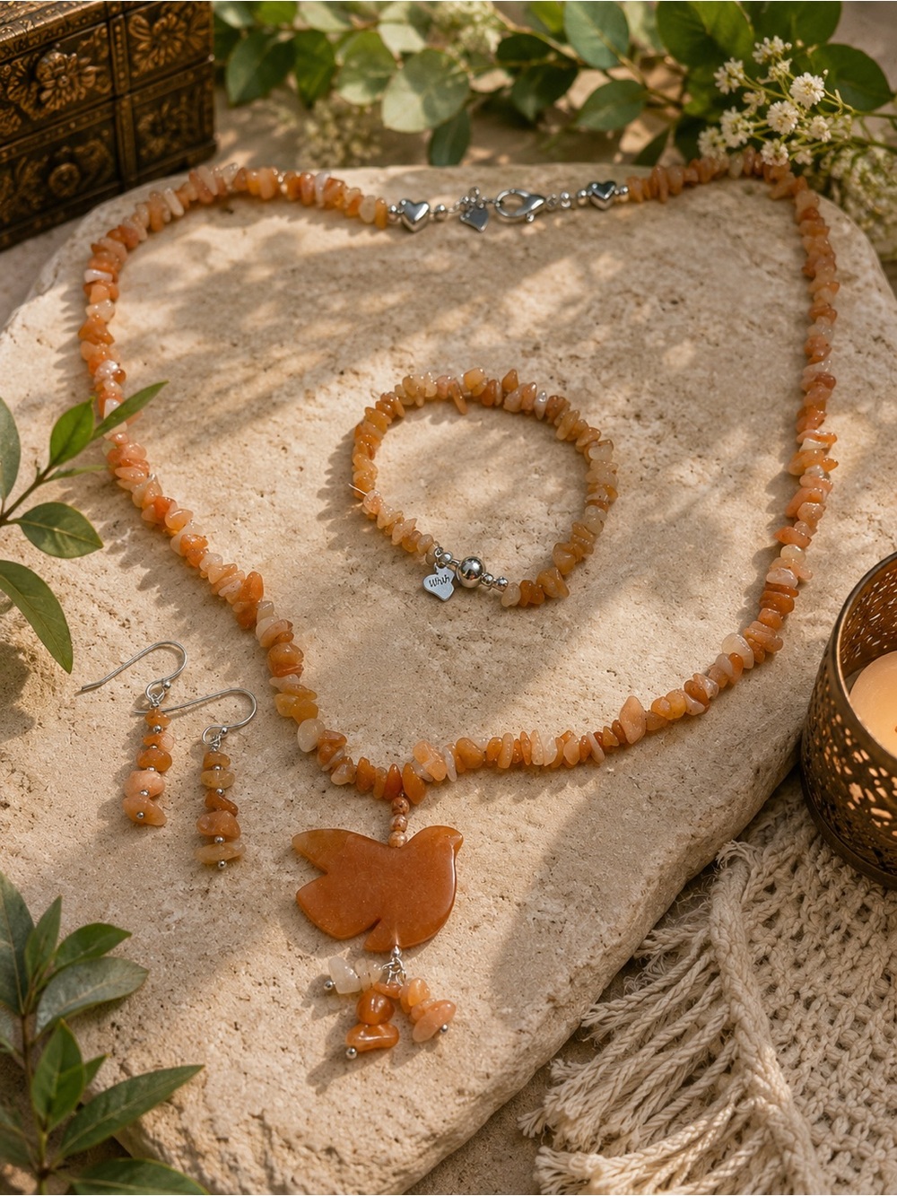 DOVE Orange Aventurine Necklace, Bracelet & Earrings Jewelry Set